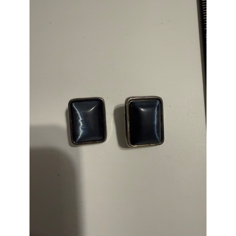 Vintage Navy‎ Blue Cats Eye Clip On Earrings Silver Tone Rectangular Mid Century